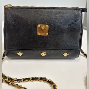 MCM Vintage Black Pebbled Leather Chain Crossbody Bag Gold Hardware